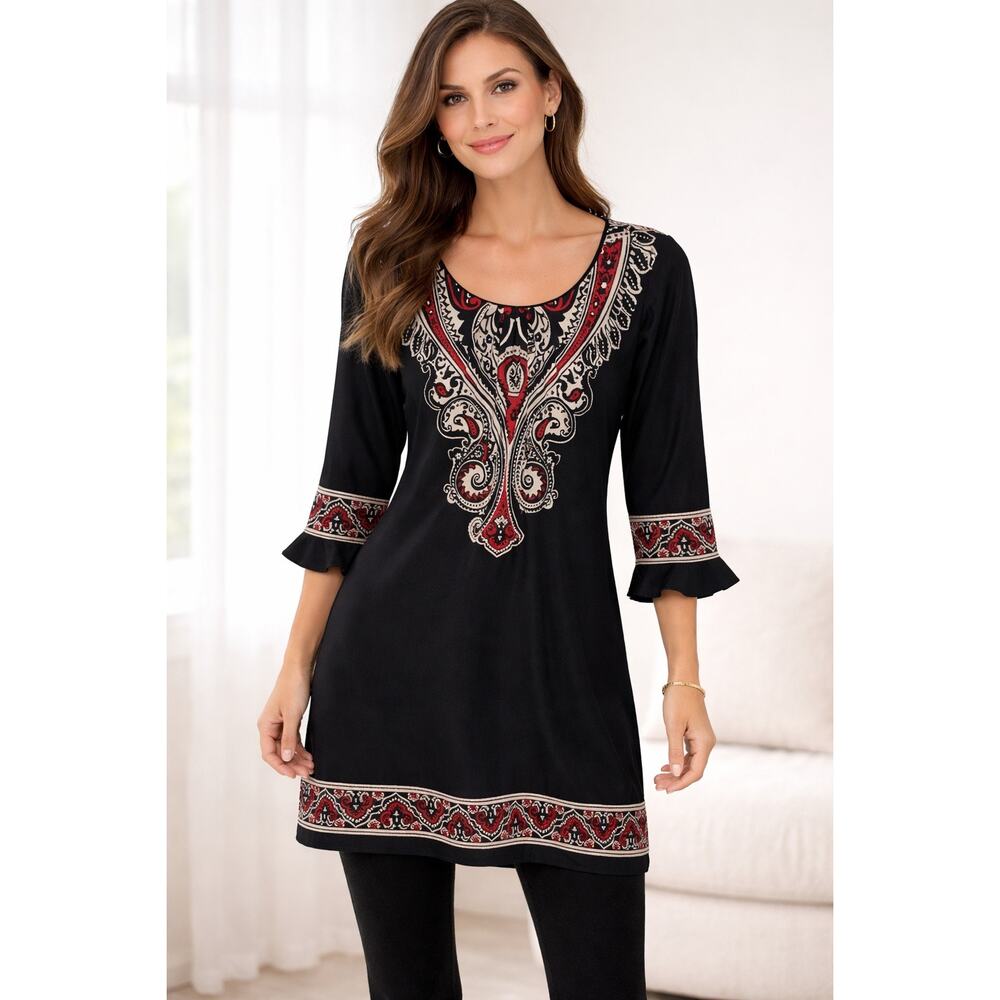 Perceptions New York Flare Long Sleeve Pattern Dress Knee Length Modest Dress